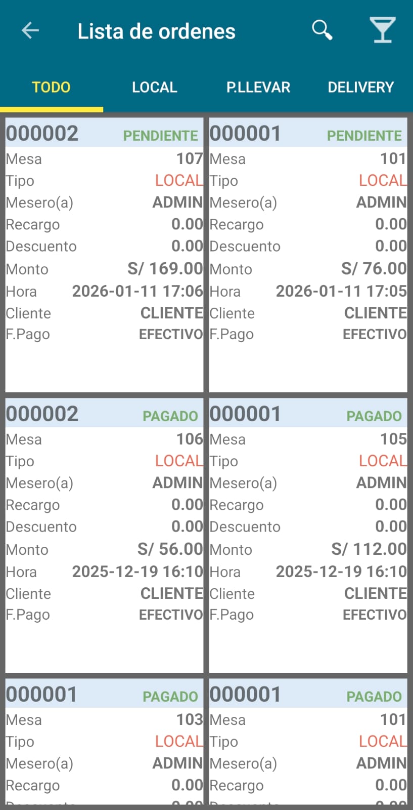 RestoBar - lista de órdenes